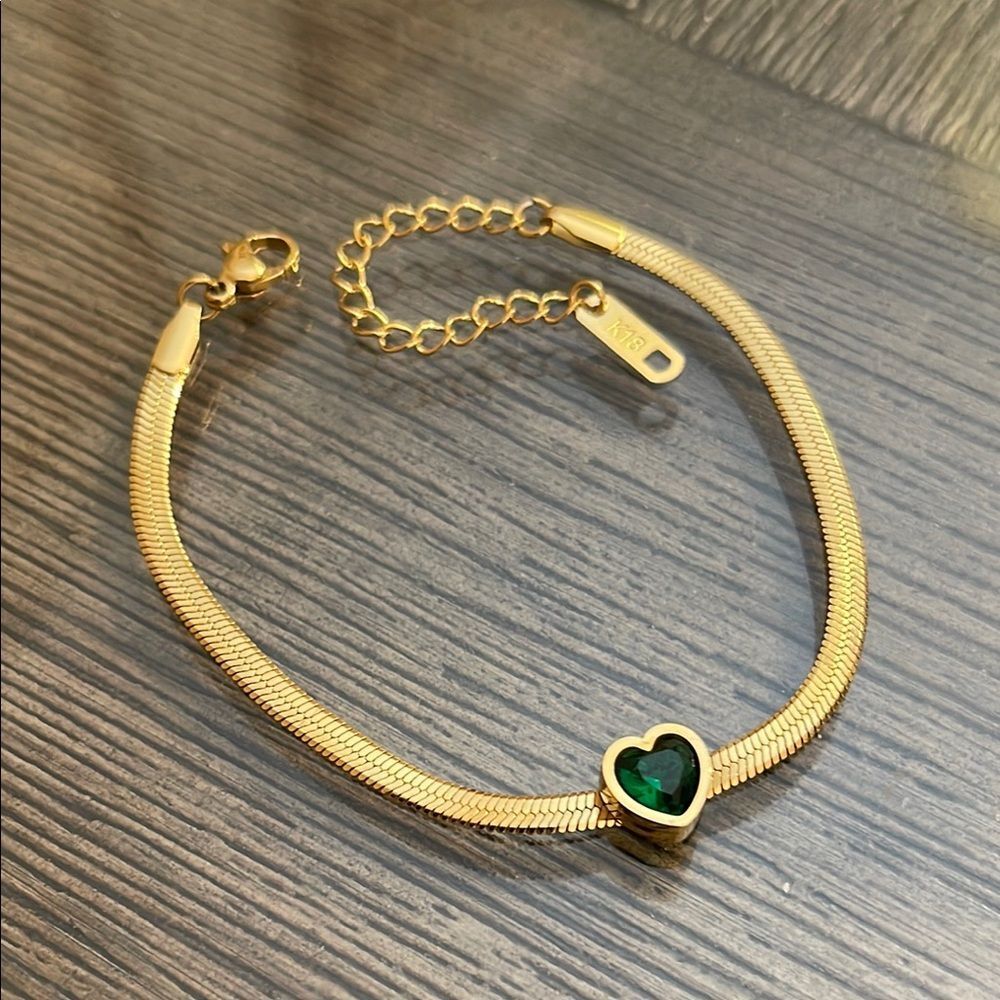 18K Gold Plated Stainless Steel Snake Chain Green Cubic Zirconia Heart Bracelet